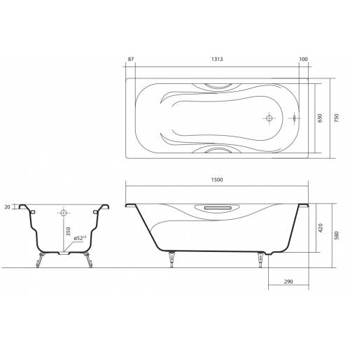 Чугунная ванна Акватек Гамма 150х75 ножки и ручки в комплекте