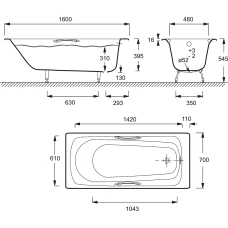 Чугунная ванна Jacob Delafon Melanie 160x70 E2935 с отверстиями для ручек