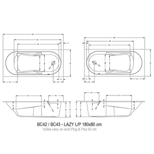 Акриловая ванна RIHO Lazy 180x80 R без гидромассажа B082001005
