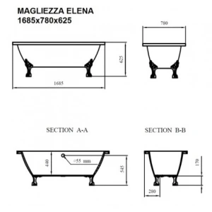 Ванна на лапах Magliezza Elena 168,5х78, ножки хром