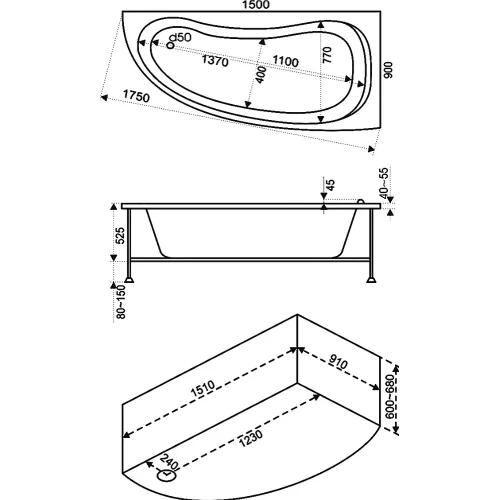 Акриловая ванна BAS Алегра 150x90 R