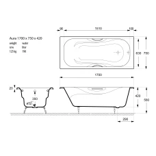 Чугунная ванна Vinsent Veron Aura 170x75 с ножками и ручками