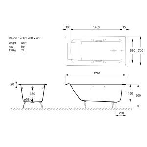 Чугунная ванна Vinsent Veron Italon 170x70 с ножками и ручками