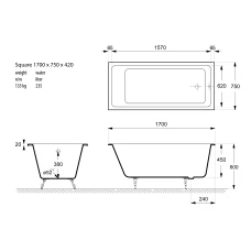 Чугунная ванна Vinsent Veron Square 170x75 с ножками и ручками