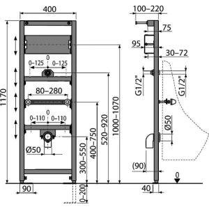 Инсталляция для писсуара Alcadrain A107S/1200, с возможностью крепления сенсорного устройства