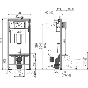Инсталляция для унитаза Alcadrain AM101/1120-0001, без кнопки
