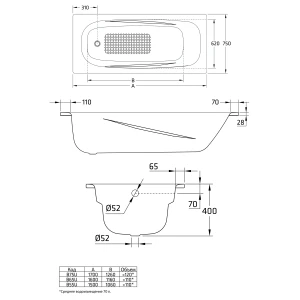 Стальная ванна BLB Universal Anatomica HG B55L 150x75 с шумоизоляцией, с отверстиями д/ручек
