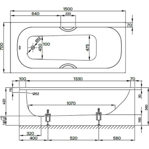 Стальная ванна Bette Form 150x70 2941-000AD с шумоизоляцией