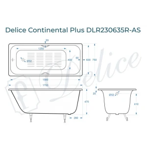 Ванна чугунная Delice Continental PLUS 170х75 с отверстиями под ручки и антискользящим покрытием DLR230635R-AS
