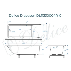 Ванна из литьевого мрамора Delice Diapason 160х70 глянцевая с ручками Хром DLR330004R-G