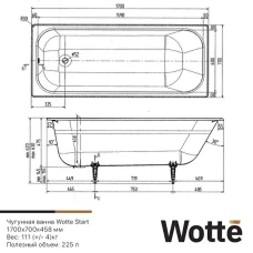Чугунная ванна Wotte Start 170x70 с отверстиями для ручек БП-00000004