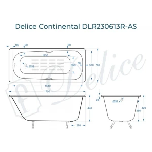 Ванна чугунная Delice Continental 170х70 с отверстиями под ручки и антискользящим покрытием DLR230613R-AS