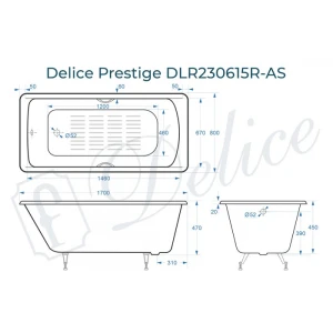 Ванна чугунная Delice Prestige 170х80 с отверстиями под ручки и антискользящим покрытием DLR230615R-AS