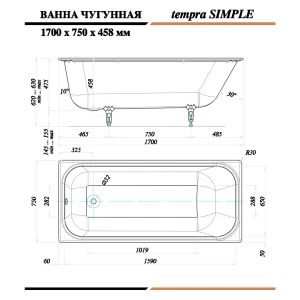 Чугунная ванна Tempra Simple 170x75