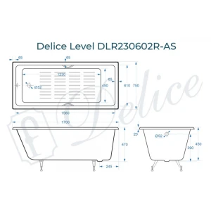 Ванна чугунная Delice Level 170х75 с отверстиями под ручки и антискользящим покрытием DLR230602R-AS
