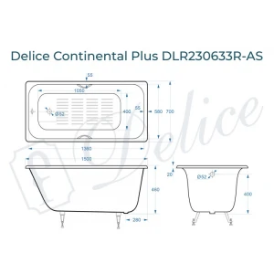 Ванна чугунная Delice Continental PLUS 150х70 с отверстиями под ручки и антискользящим покрытием DLR230633R-AS
