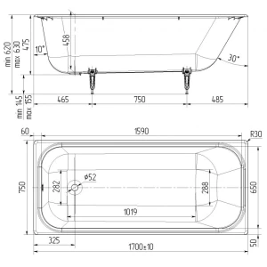 Чугунная ванна Универсал Ностальжи 170x75 с квадратными ручками