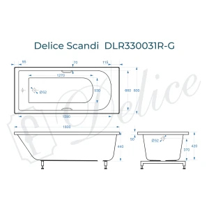 Ванна из литьевого мрамора Delice Scandi 180х80 глянцевая с ручками Хром DLR330031R-G
