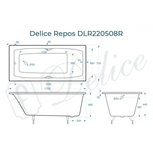 Ванна чугунная Delice Repos 170х70 с ручками DLR220508R