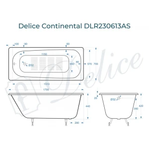 Ванна чугунная Delice Continental 170х70 с антискользящим покрытием DLR230613-AS