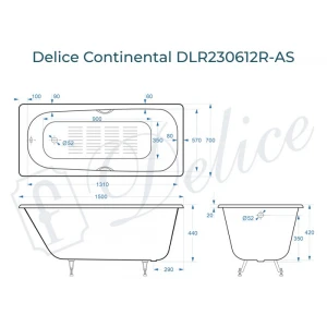 Ванна чугунная Delice Continental 150х70 с отверстиями под ручки и антискользящим покрытием DLR230612R-AS