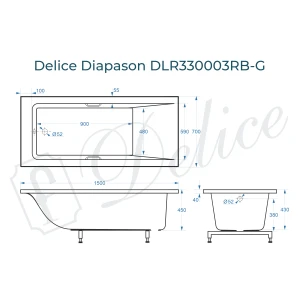 Ванна из литьевого мрамора Delice Diapason 150х70 глянцевая с черными ручками DLR330003RB-G