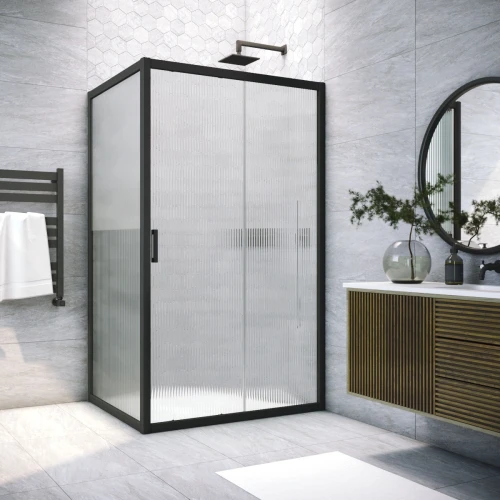 Душевой уголок Vegas-glass ZP+ZPV NOVO h2000 105x85 02М Moru, профиль черный матовый, стекло Moru