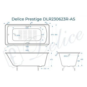 Ванна чугунная Delice Prestige 180х80 с отверстиями под ручки и антискользящим покрытием DLR230623R-AS