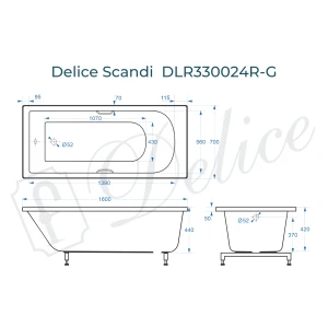 Ванна из литьевого мрамора Delice Scandi 160х70 глянцевая с ручками Хром DLR330024R-G