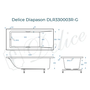 Ванна из литьевого мрамора Delice Diapason 150х70 глянцевая с ручками Хром DLR330003R-G