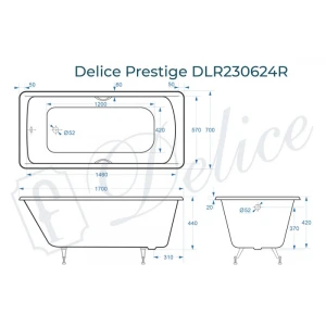 Ванна чугунная Delice Prestige 170х70 с отверстиями под ручки DLR230624R