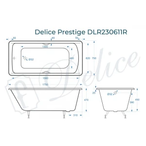 Ванна чугунная Delice Prestige 175х75 с отверстиями под ручки DLR230611R